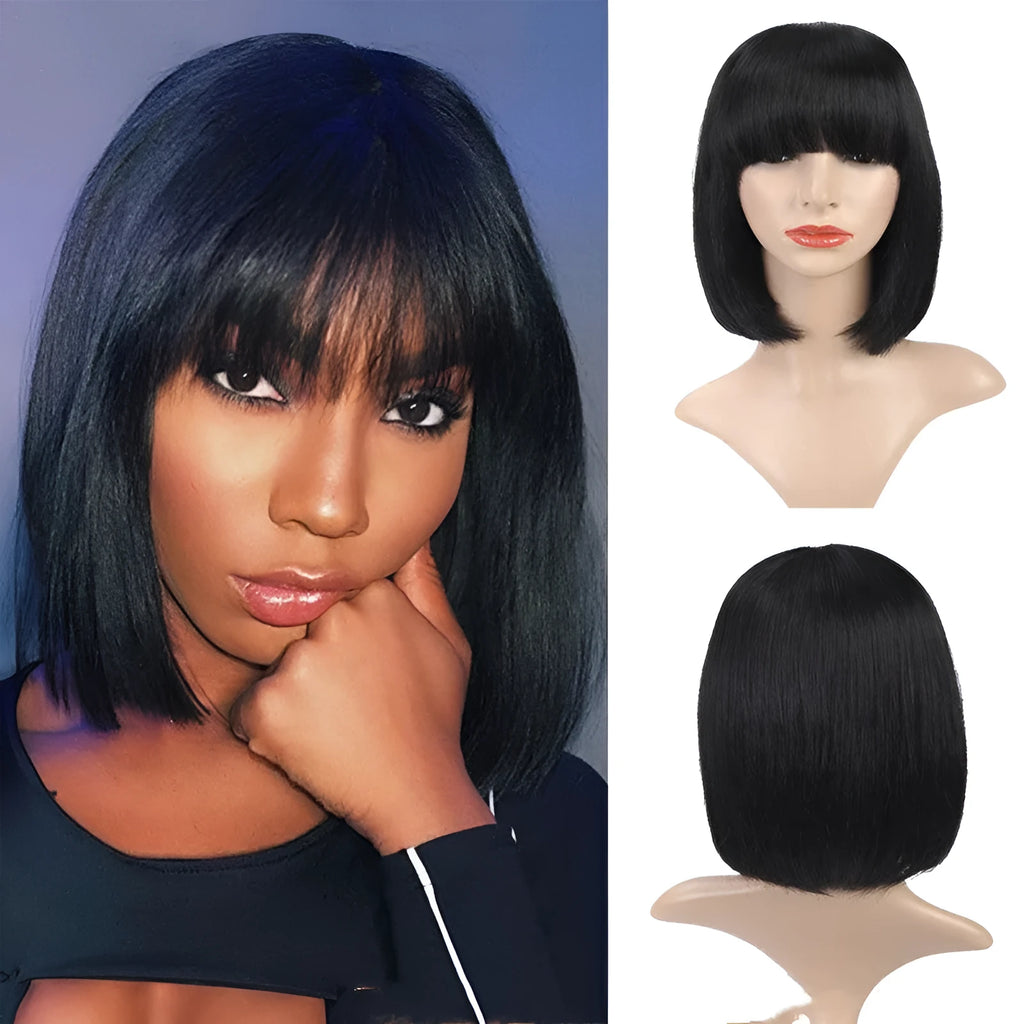 European and American long straight real hair bob wig with Qi bangs in Mechanism B gear wave colour