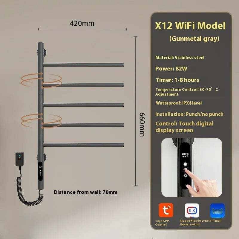 Five-layer stainless steel electric towel rack, punch-free wall mounted, 20kg load, black white or gun gray