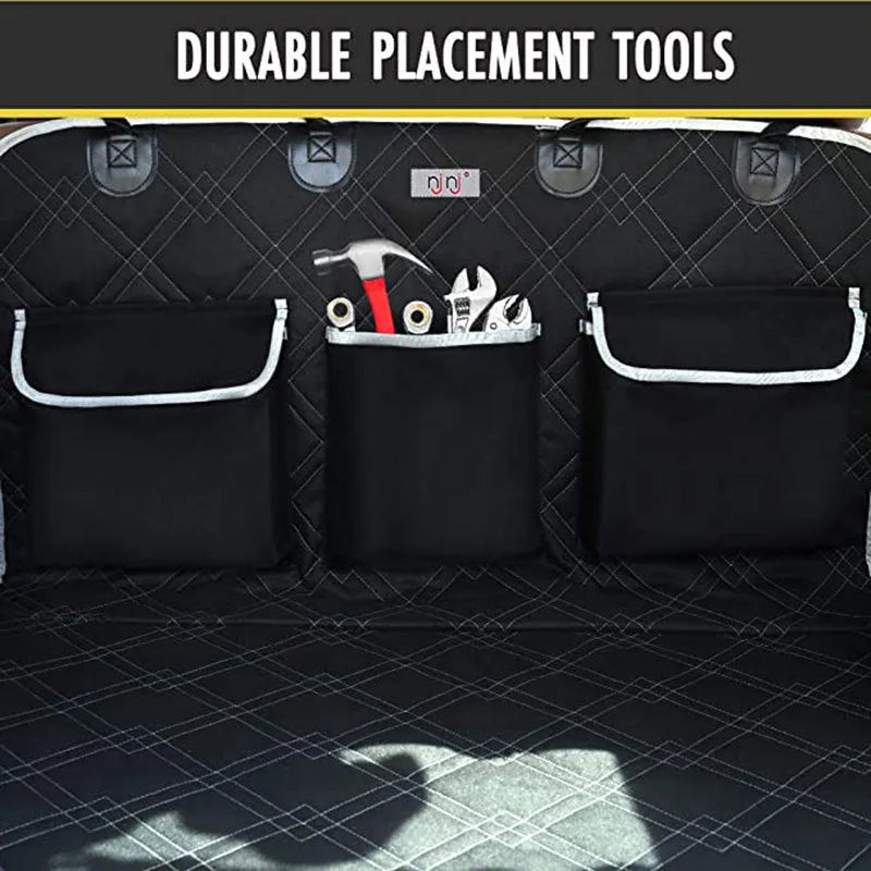 Black car trunk pet mat 185x103cm made from 600D Oxford cloth with pocket storage for dog travel