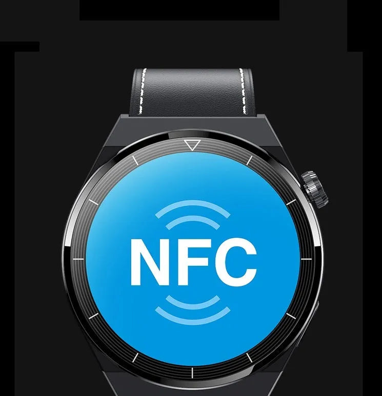 Round smart watch with black silicone band showing Bluetooth call and NFC access control display