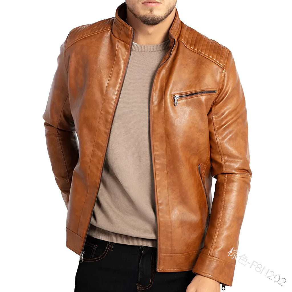 Men's brown artificial leather punk motorcycle jacket with stand collar and patch pocket.