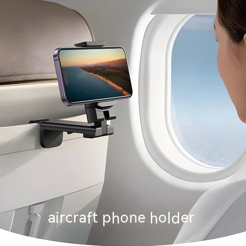 Black foldable and rotating universal mobile phone holder made from ABS plastic on a flat surface.