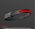 Black silicone rechargeable headlamp with LED lights, shown with wide beam and long-range illumination for outdoor use.