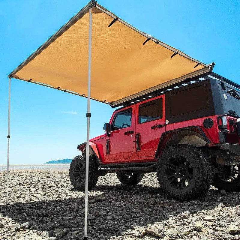 Black glue waterproof single-layer camping tent with aluminium poles and Oxford cloth base.