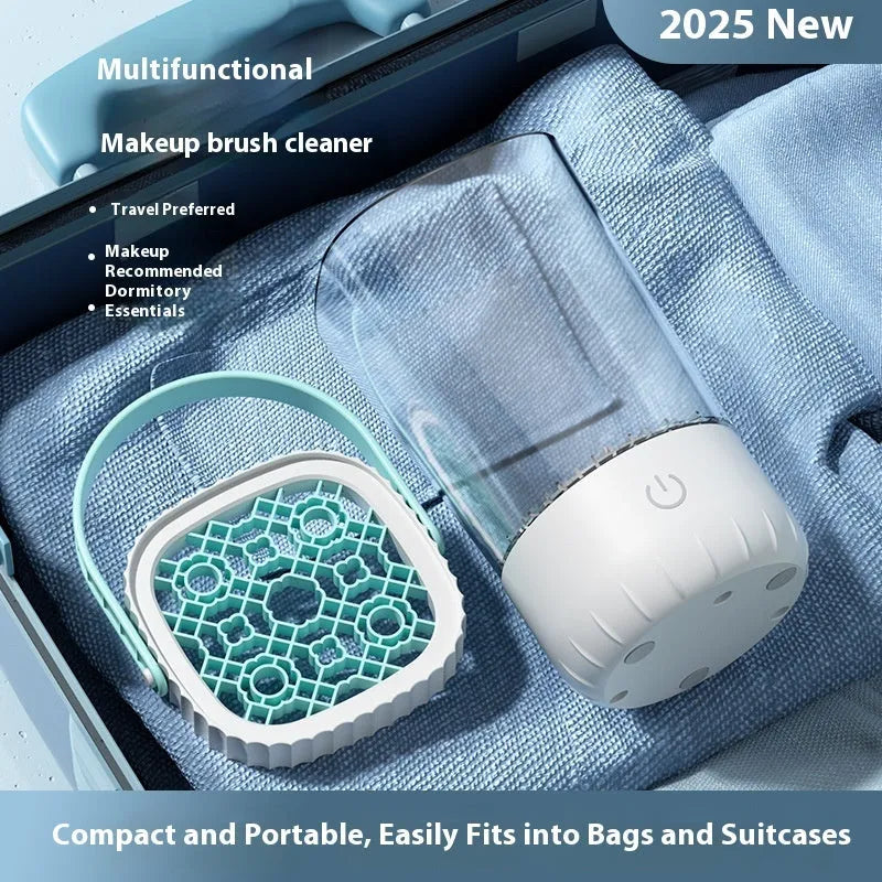 White rechargeable electric makeup brush cleaner with USB cable measuring 24x10x11cm