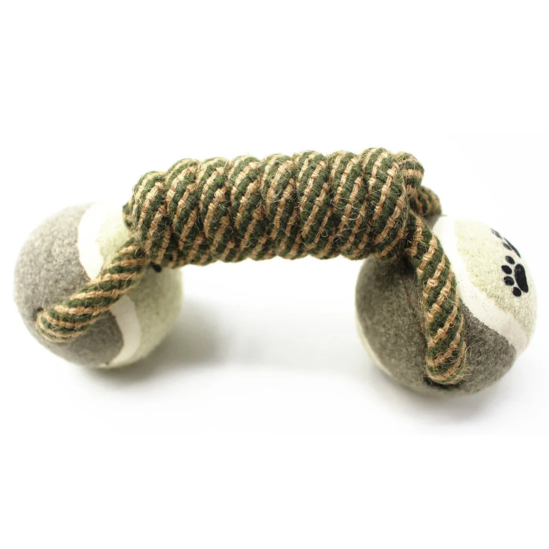 Cotton rope tennis dumbbell dog toy in khaki, 25cm long with a 6.5cm rubber ball centre