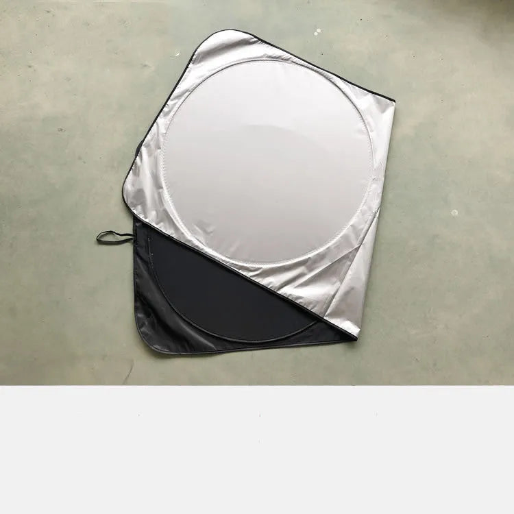 Silver tape car sunshade unfolded showing 190x90cm dimensions with cloth storage bag
