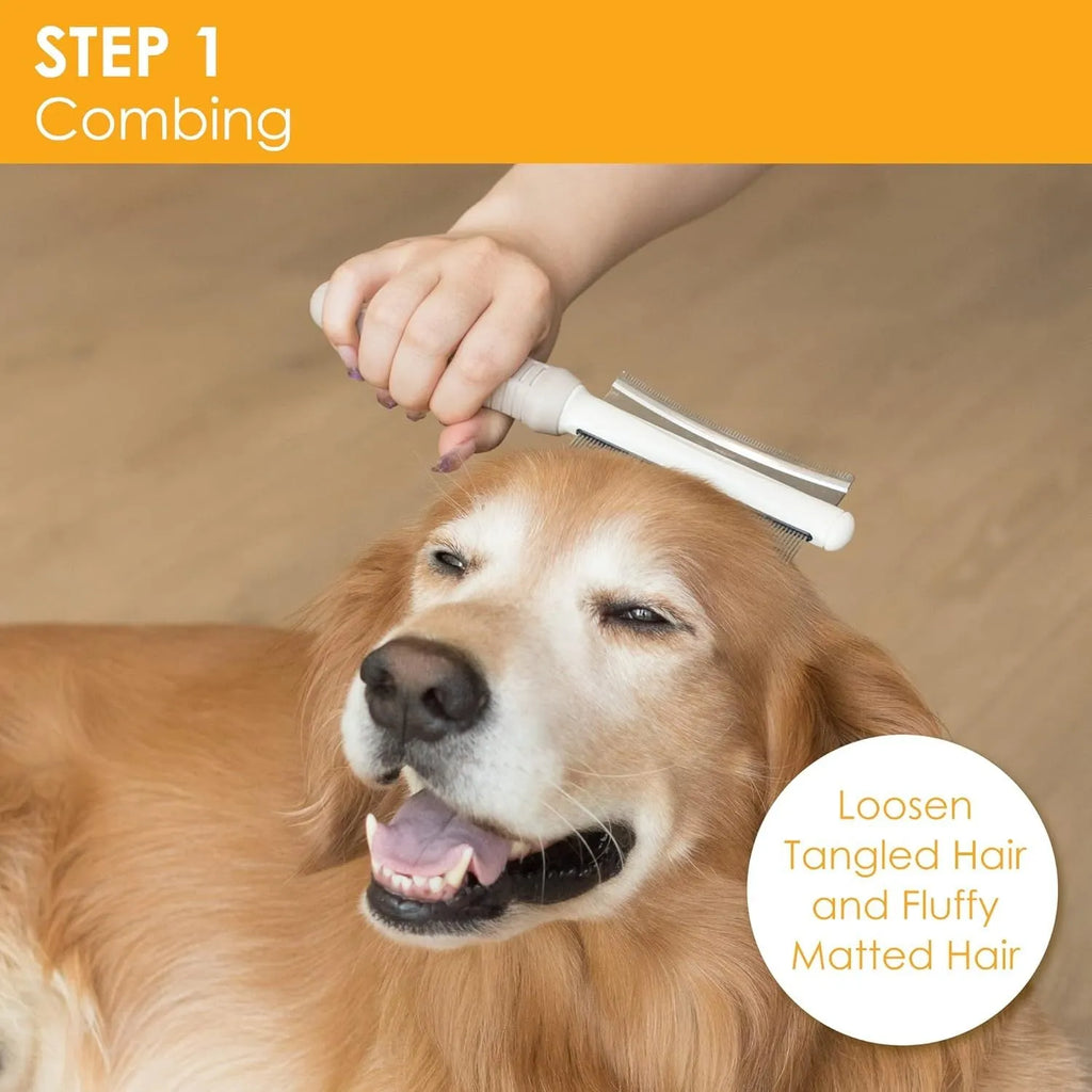 White double-sided dog and cat brush showing comb and deshedding blade with ergonomic handle.