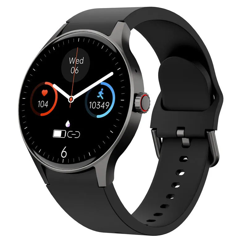 46mm diameter smart sport watch with circular touch screen in black, blue, pink, or red colours