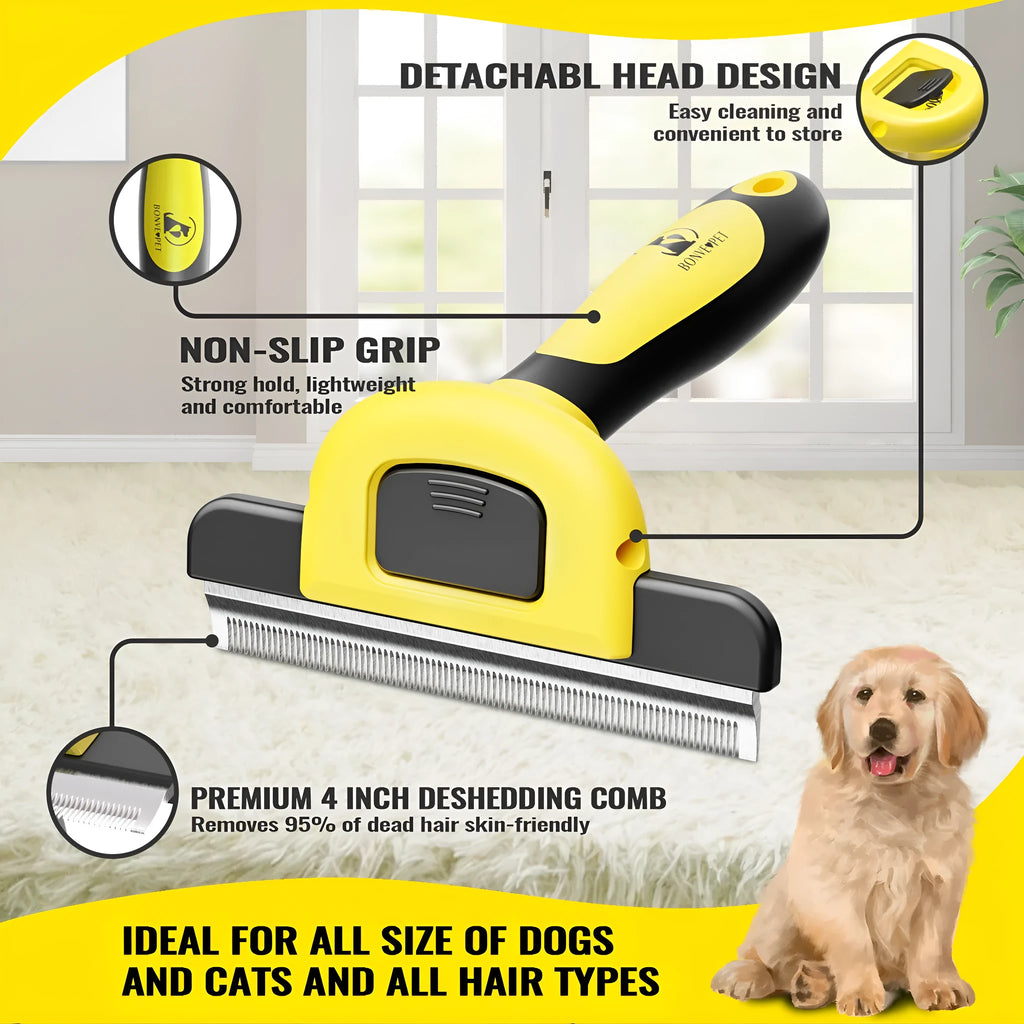 Blue or yellow dog grooming comb with stainless steel teeth and plastic handle for pet hair removal