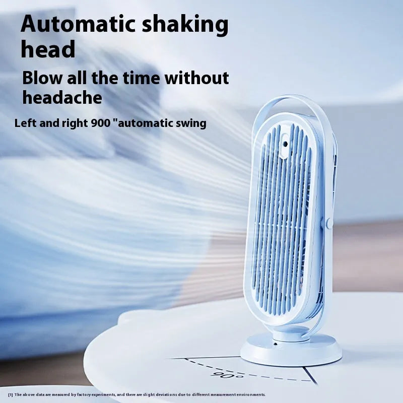 Desktop USB tower fan with remote control and humidifier spray function in dark blue colour.