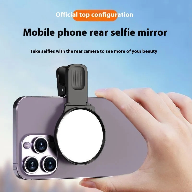 Black mobile phone rear camera self-timer clip with mirror, plastic and glass, includes lens, cloth, and storage box.