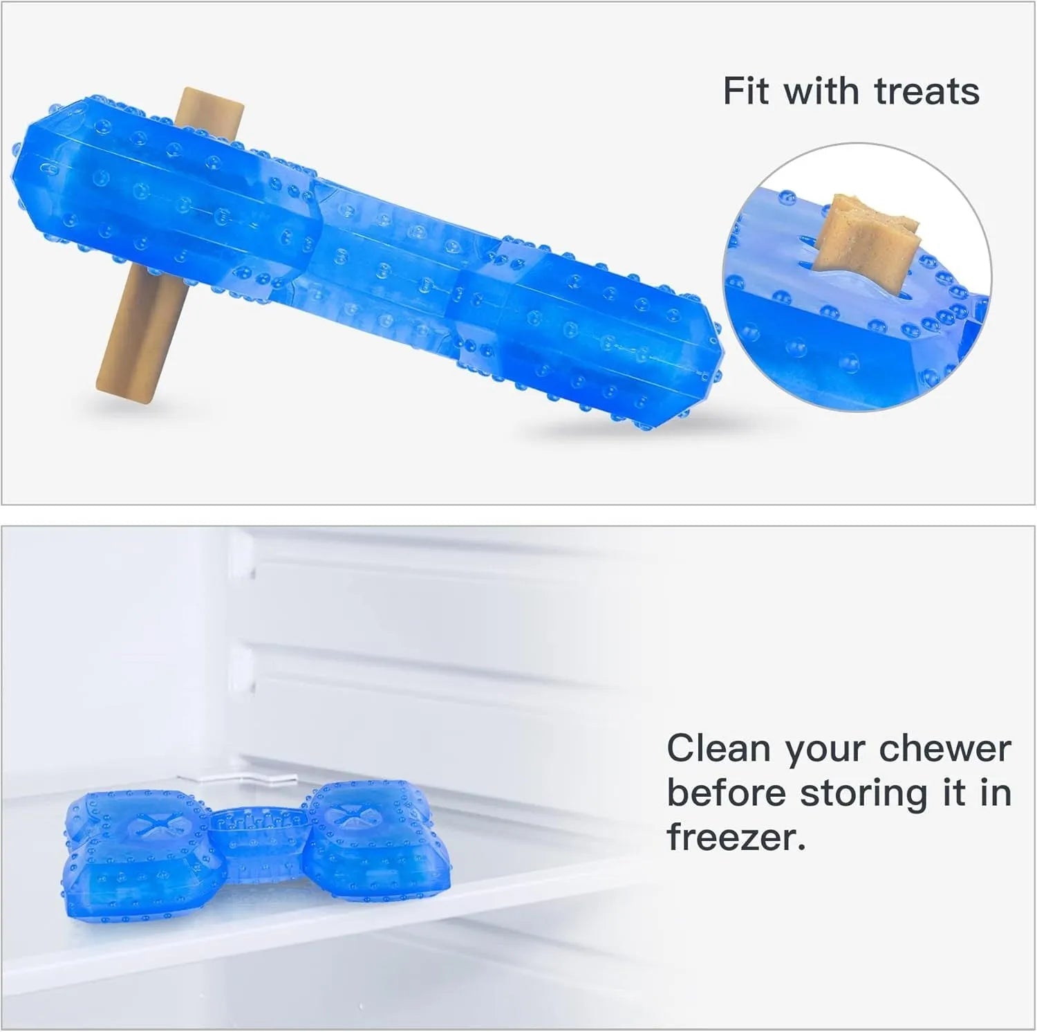 Freezable dog teething chew toy in bone and circle shapes on a blue background.