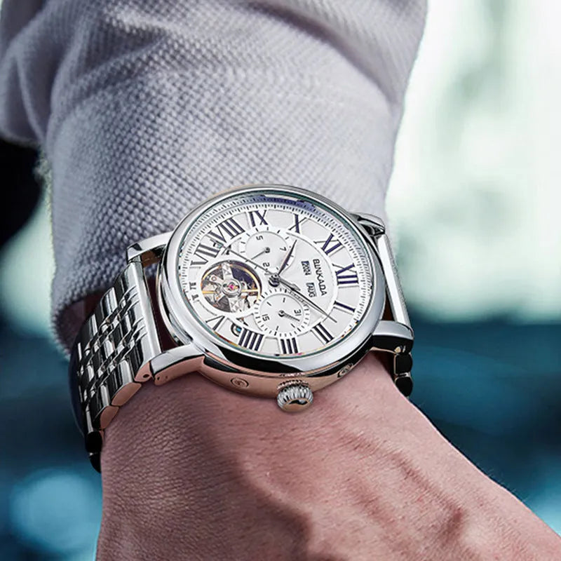 Men's mechanical automatic waterproof watch with stainless steel bracelet in business style