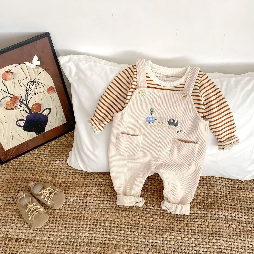 Baby bib pants and striped long sleeve top set in cotton, sizes 66cm to 100cm, with car embroidery.