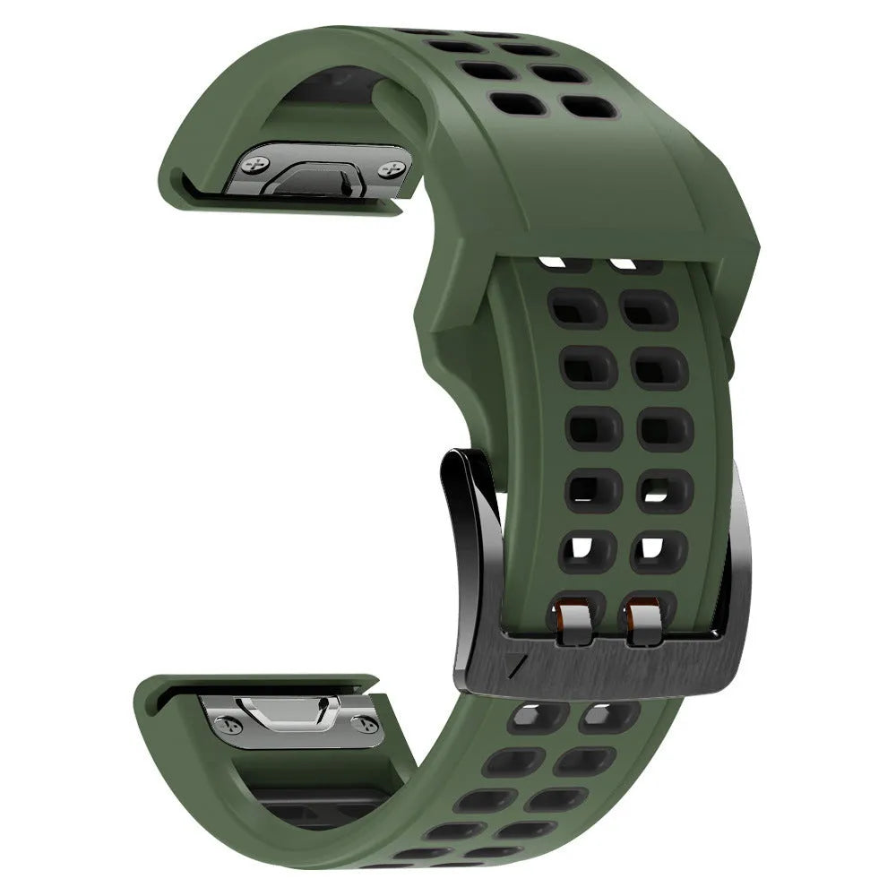 Quick release two-tone silicone sports watch strap showing pin buckle and ventilation holes.