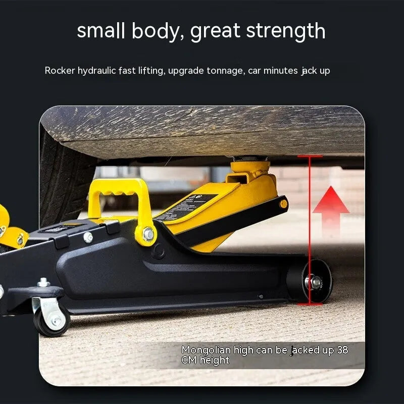 Horizontal hydraulic car lifting jack for low vehicle tyre changes with handle