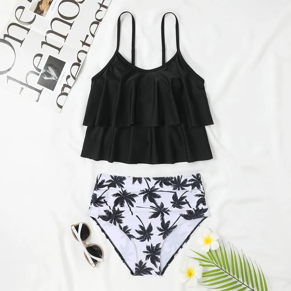 Women's high waist double-layer swimsuit bikini set in black or coconut tree floral print.