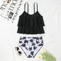 Women's high waist double-layer swimsuit bikini set in black or coconut tree floral print.