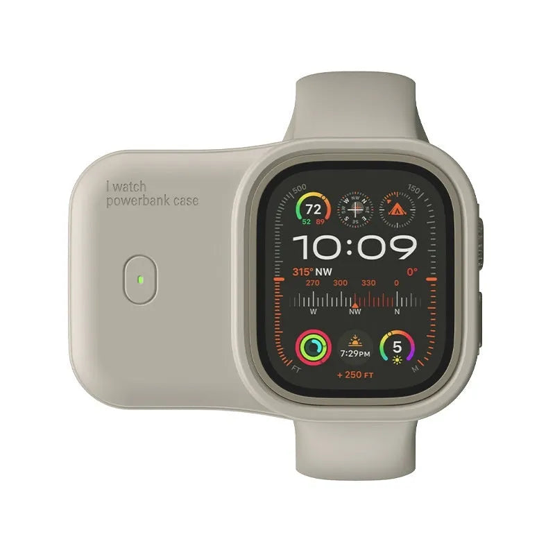 Apple Watch portable charging case with silicone protective case in Brown, Midnight Blue, and Starlight colours