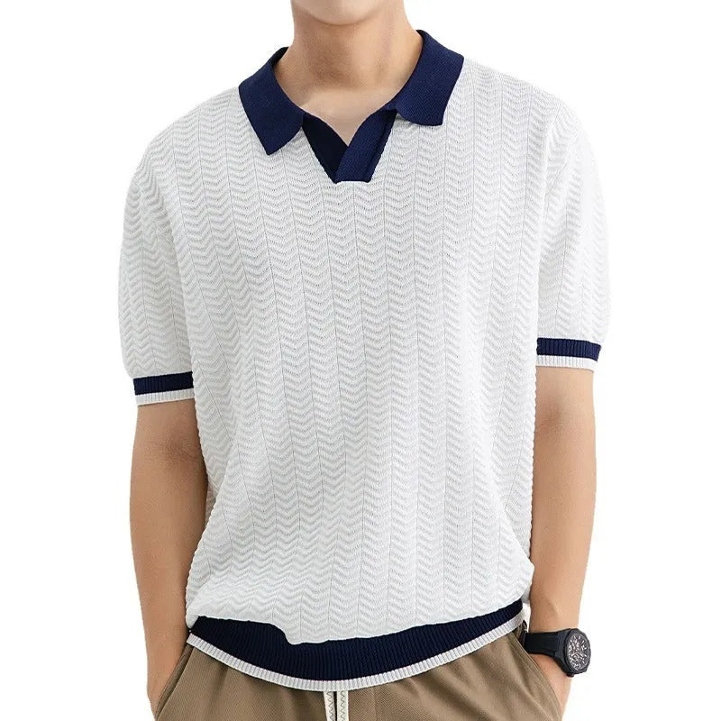 Men's ice silk polo shirt, short sleeve, striped pattern, slit detail, dark green colour, summer casual top