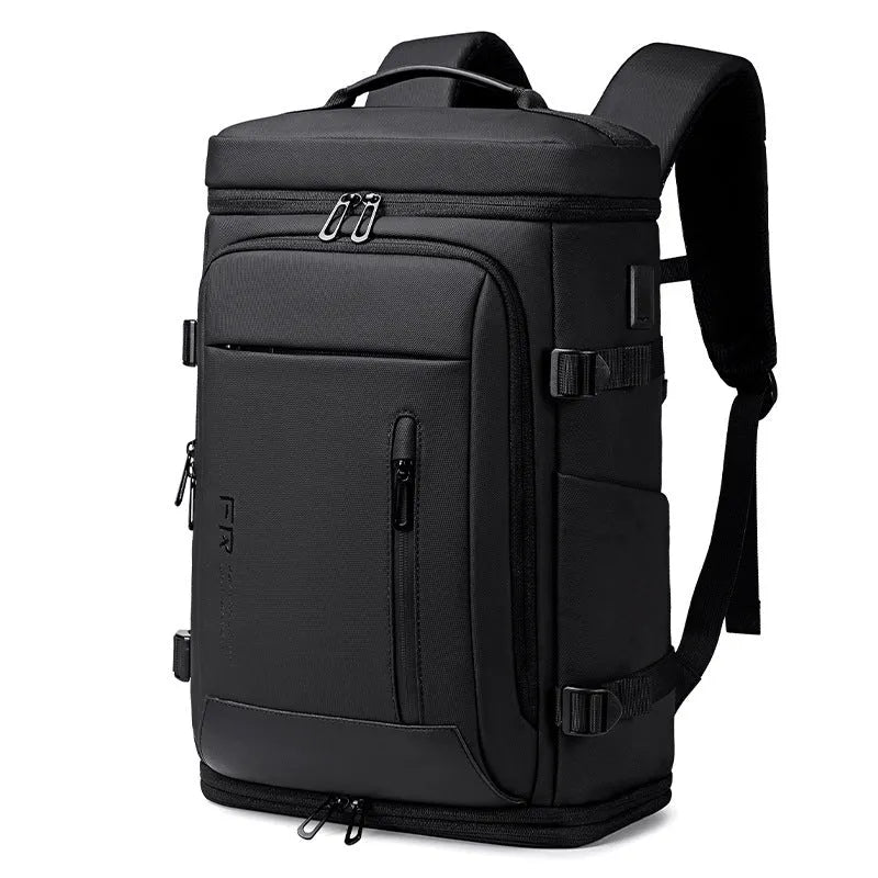 Black Oxford cloth travel bag with USB interface, curved shoulder strap, and 16-inch computer fit
