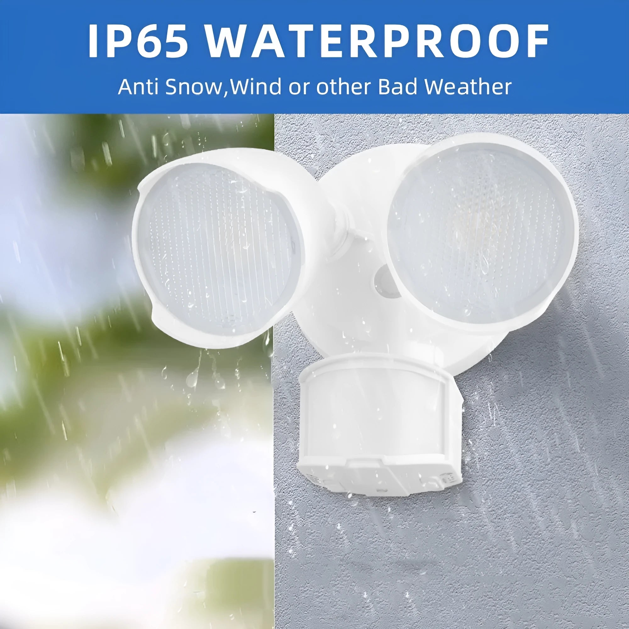 White outdoor LED security flood light with motion sensor mounted on a wall.