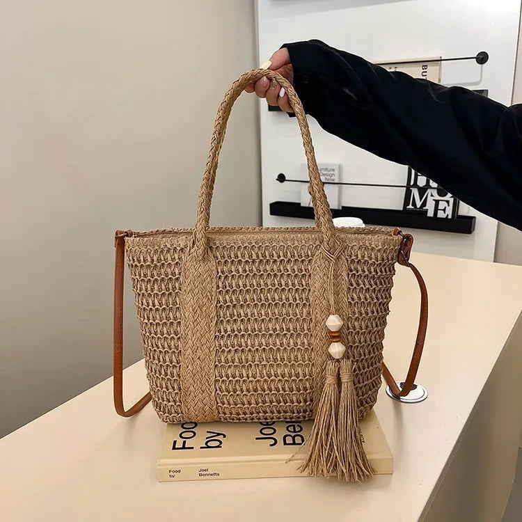 Women's woven straw crossbody shoulder bag in milky white colour with large capacity design