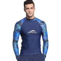 Men's long-sleeved wetsuit sunscreen swimsuit in blue or green blended fabric with colour matching detail