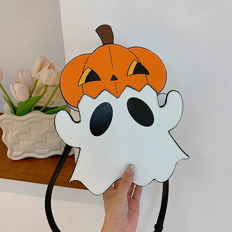 Halloween White PU crossbody shoulder bag with 3D cartoon pumpkin and ghost design for women