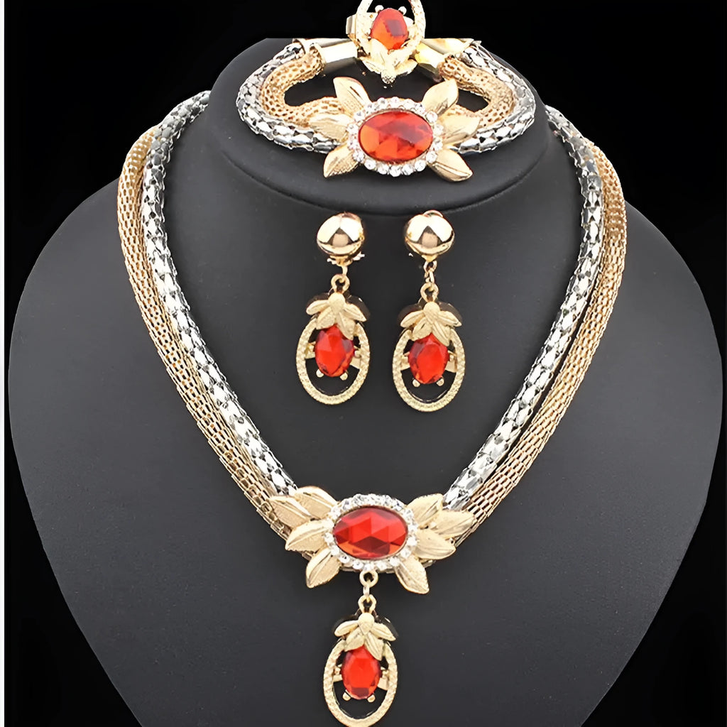 Bridal alloy four piece jewellery set with double colour crystal flower necklace, earrings, bracelet and ring 9132