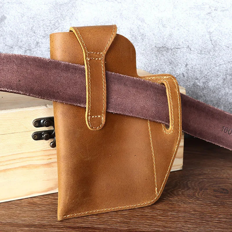 Retro leather phone hanging belt bag in brown with car suture detailing and cover opening