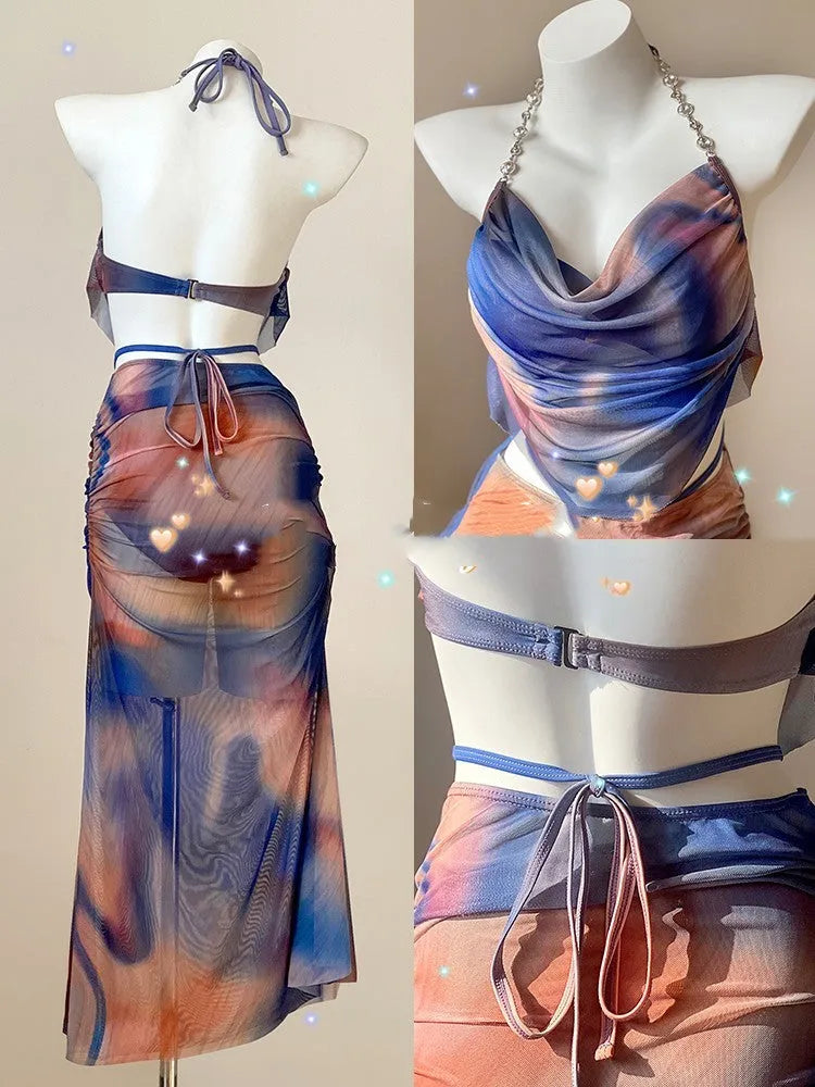 Women's blue printed bikini set with triangle top, high-waisted briefs and skirt showing steel support construction