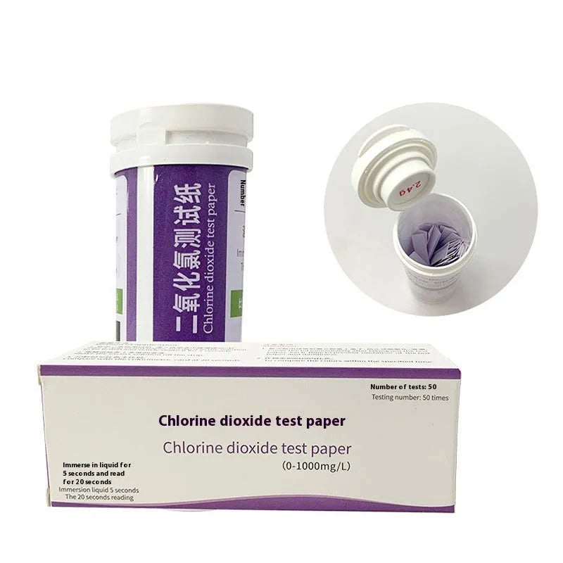 Bottle of 50 chlorine dioxide test papers for 0-1000mg/L waste water concentration detection.