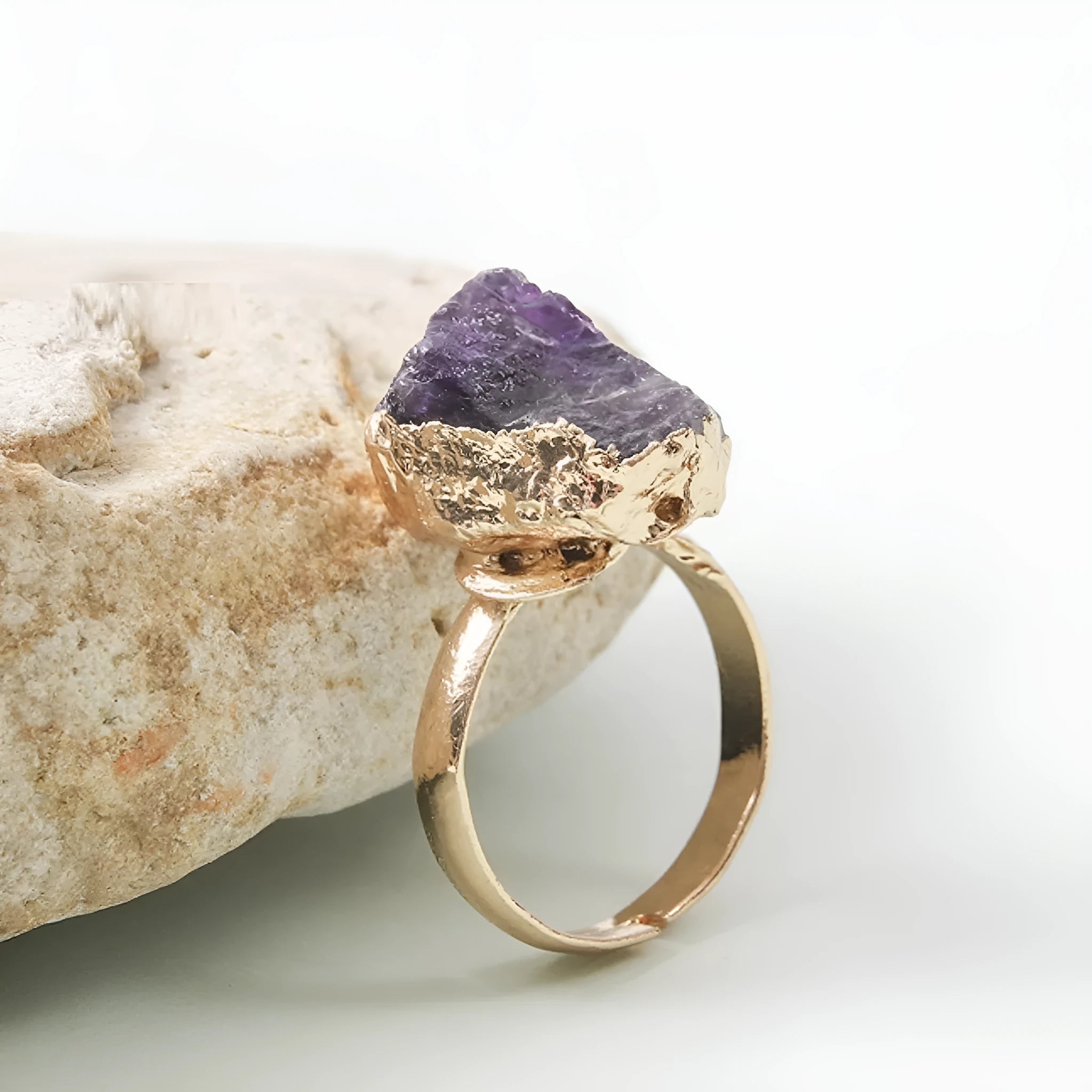 Natural rough stone open ring with gold-plated adjustable band, irregular crystal in amethyst colour