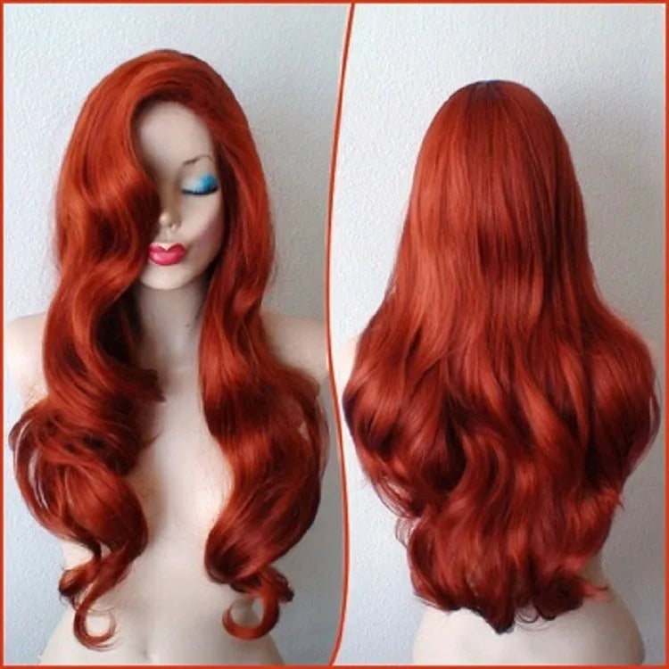 Women's copper red anime long curly wig with 26 inch length on a mannequin head