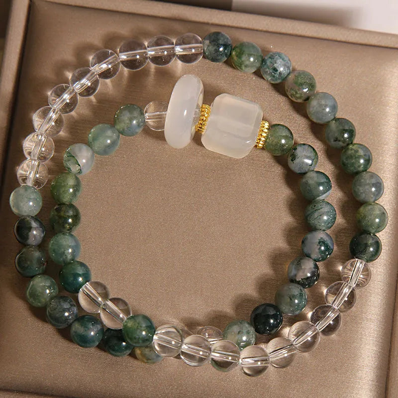 Green grass agate crystal bracelet with white agate cube sugar beads on a flexible ring