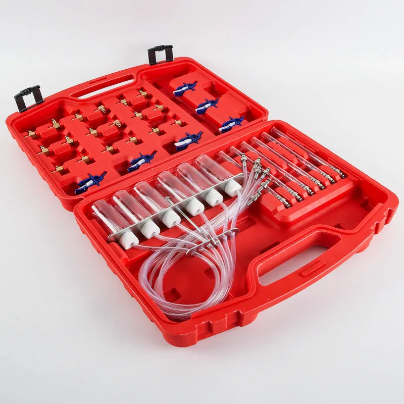 Fuel injection flow meter diagnostic tool with brass components and plastic housing for oil return measurement