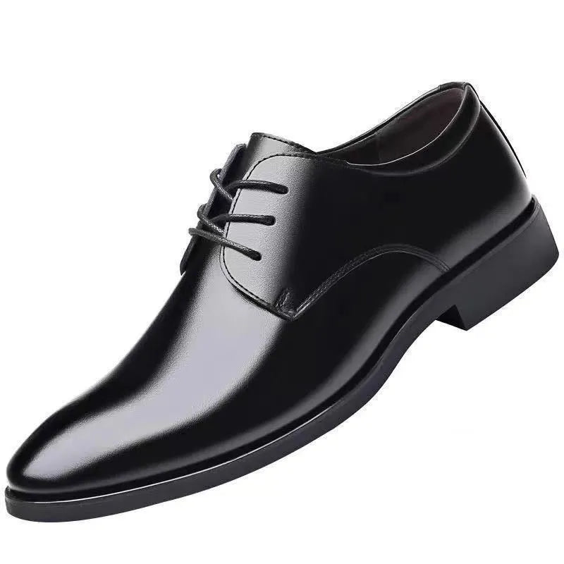 Men's black PU leather shoes with pointed toe and sequins on rubber sole, business style