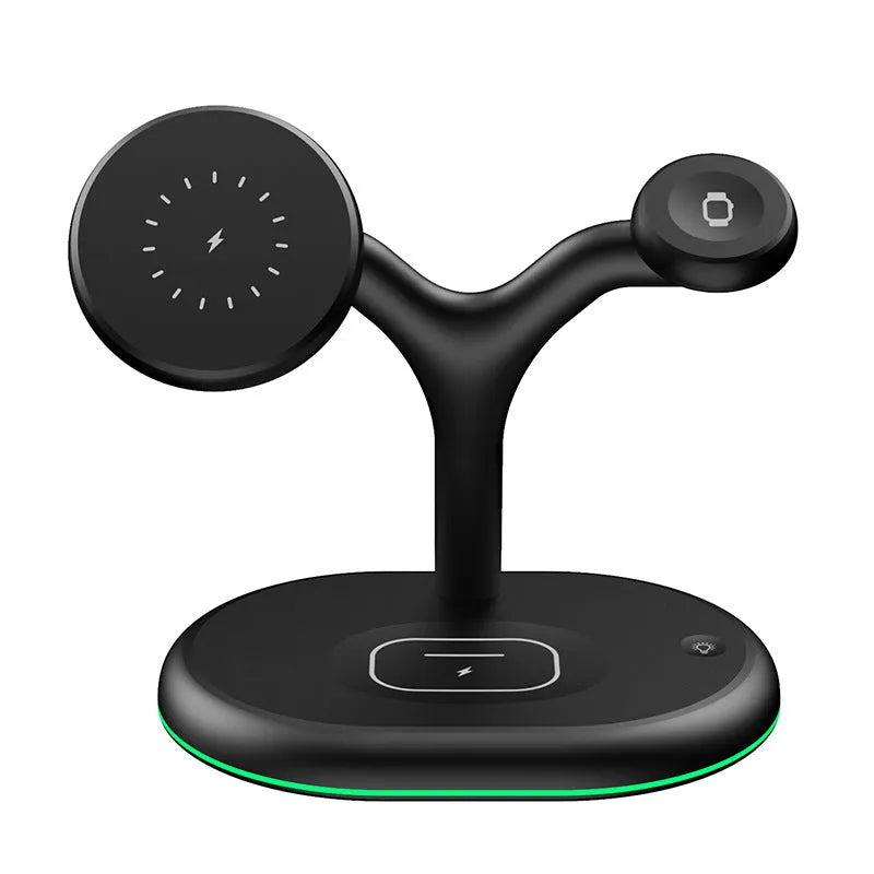 Black magnetic wireless charging stand holding phone upright with included TYPE-C cable