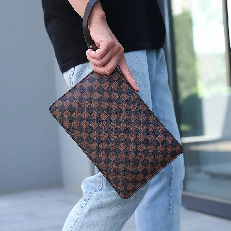 Men's soft PU leather clutch in a plaid pattern, showing internal card slots and zipper pocket.