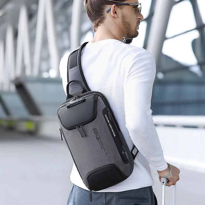 Men's Oxford cloth sling bag in black, 21x12x35cm, with three compartments and iPad pocket