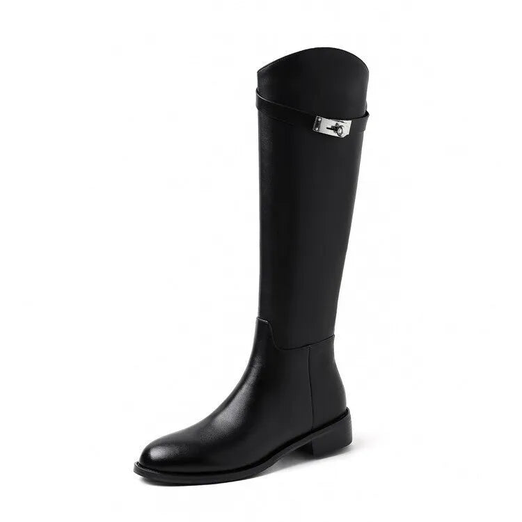 First layer cowhide lock knight boots for women, black, round toe, low heel, back zipper, genuine leather knee-high boots
