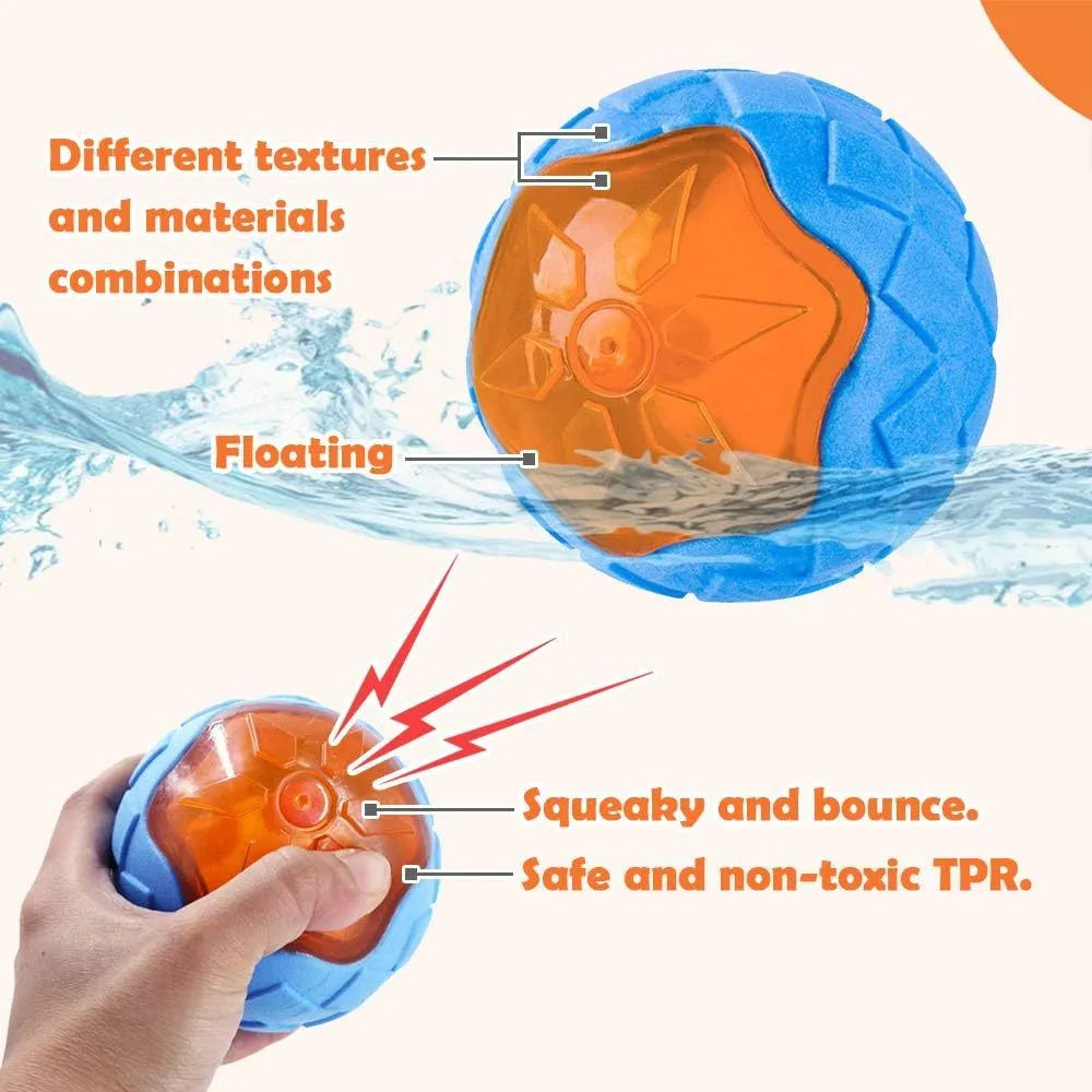 Set of three floating TPR dog toys: a red squeaky ball, a blue squeaky barbell, and an orange squeaky tire on a blue background.