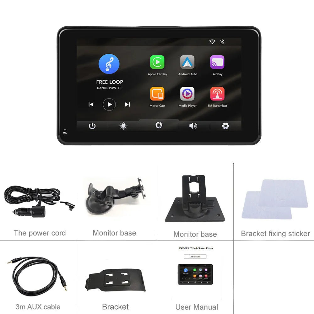 7-inch HD wired car multimedia player screen with universal mount bracket and cables on a grey background.