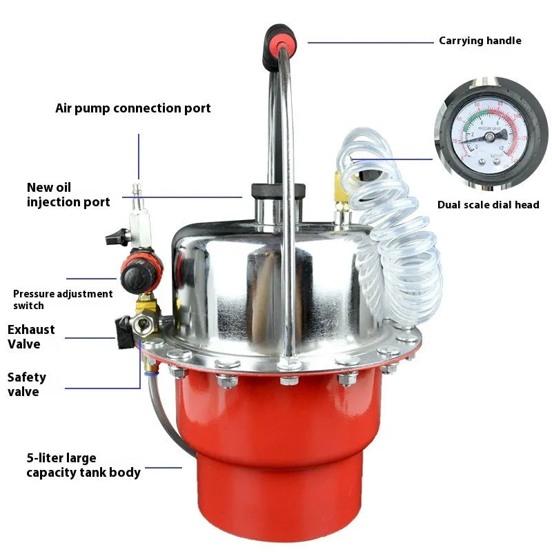 Pneumatic brake fluid replacement machine with pressure gauge and regulator on 49x30x42 cm unit