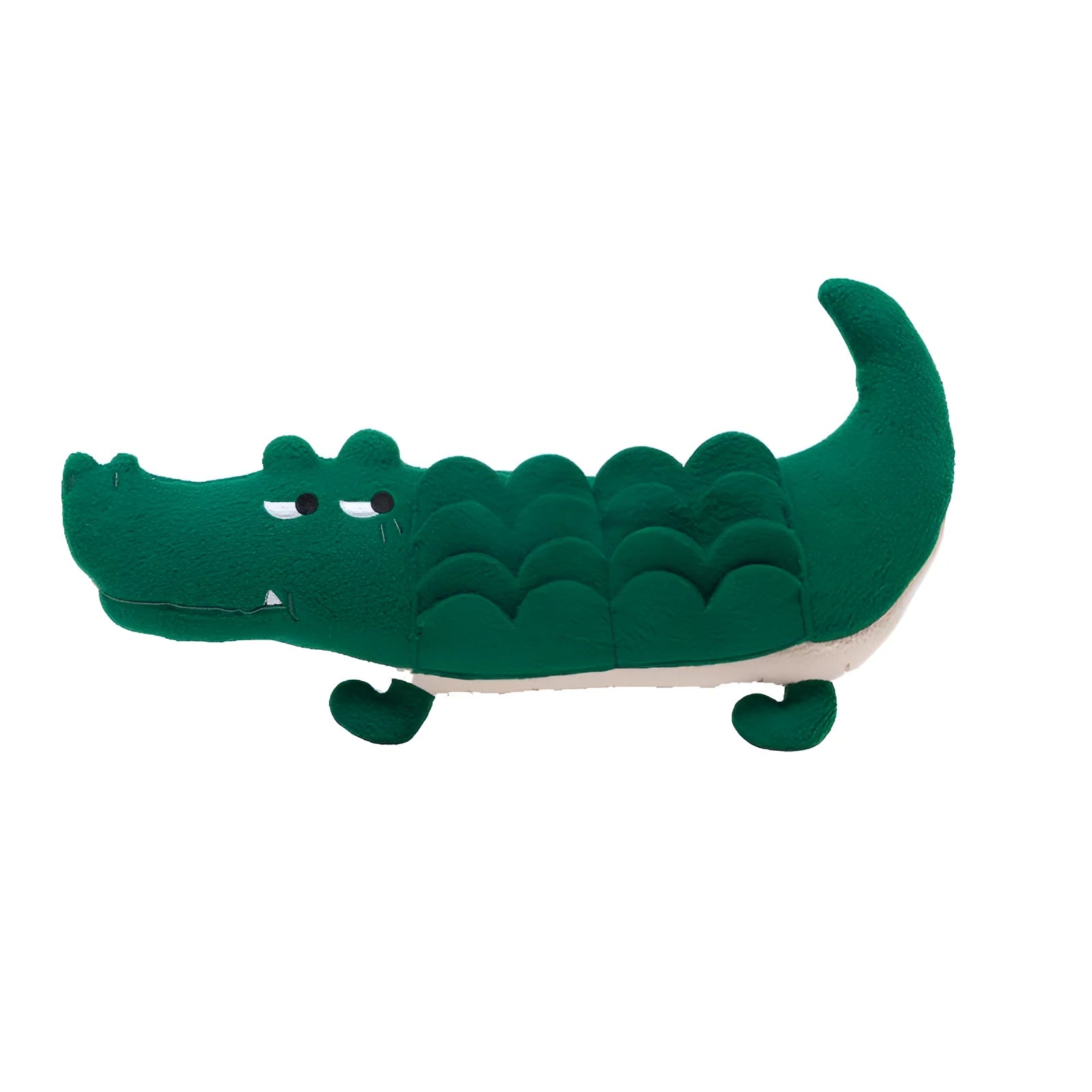 Green plush toy dog measuring 35cm long, designed as durable interactive pet toy