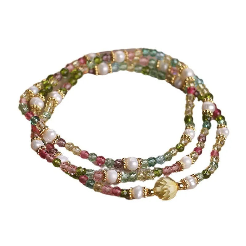 Natural tourmaline multi-layer bracelet with small rice-shaped beads in three circles, ethnic style for women