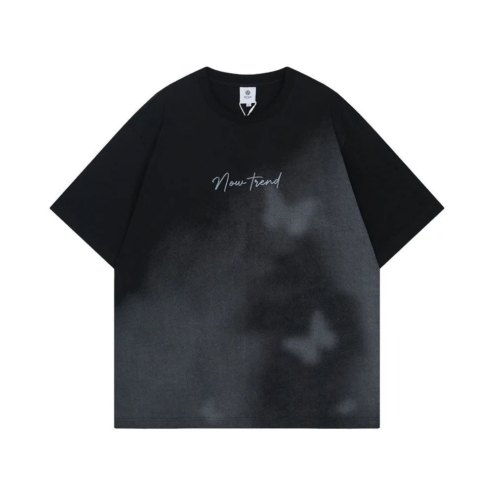 Inkjet gradient short sleeve pure cotton men's t-shirt in black, loose fit pullover street fashion style