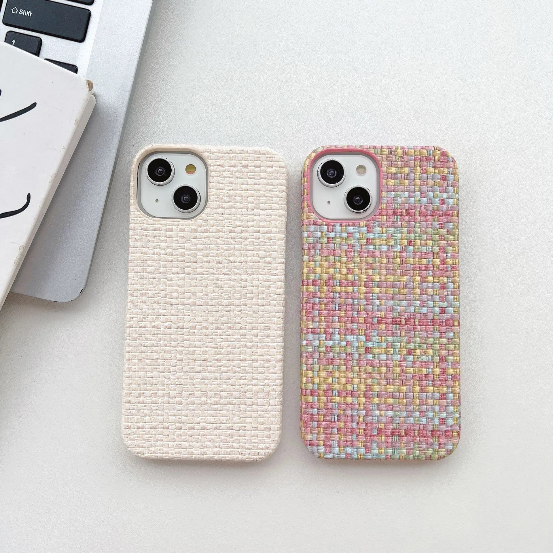 Hand-woven plaid TPU mobile phone case in pink with all-inclusive fit and fall protection